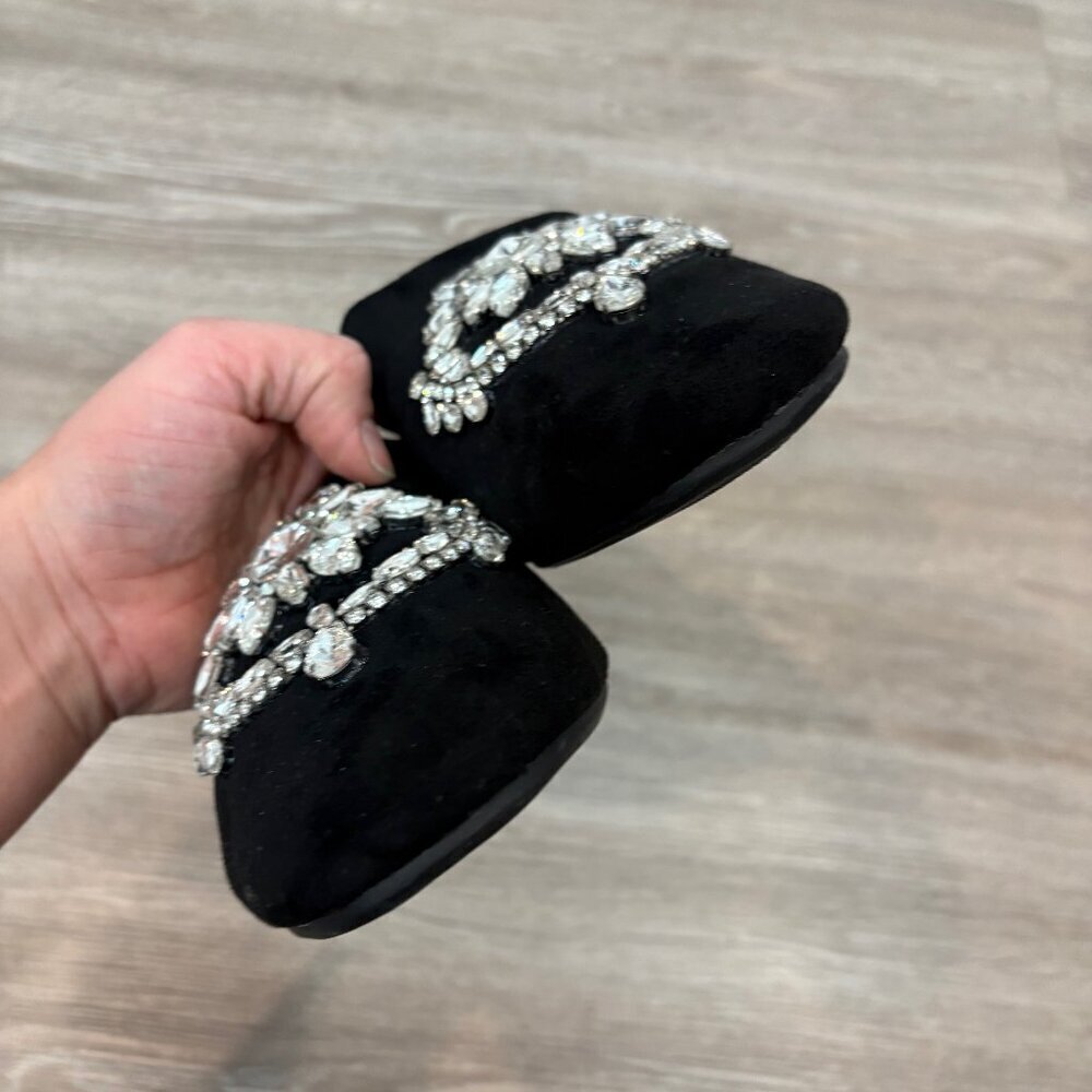 SHEINWomen's Floral Rhinestone Black Suede Comfortable Flat Clog - Picture 2 of 8